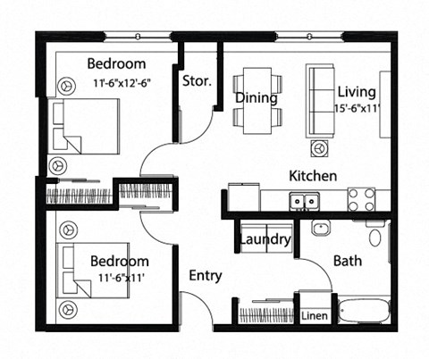 Floor plan for 2 beds, 1 bath, 807 sqft